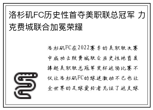 洛杉矶FC历史性首夺美职联总冠军 力克费城联合加冕荣耀 洛杉矶FC历史性首夺美职联总冠军 力克费城联合加冕荣耀